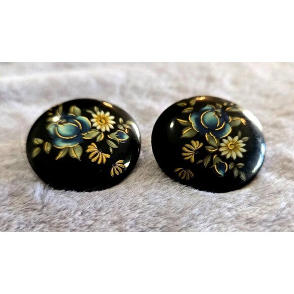 Unmarked Jewelry - Vintage Black Enamel Floral Earrings 1" Round Hand Painted Wood Stud Post